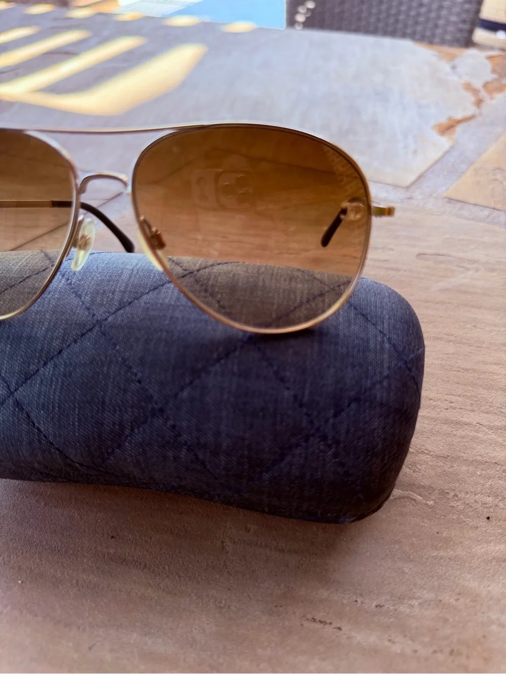 CHANEL Gold Aviator Sunglasses with Brown Lenses
